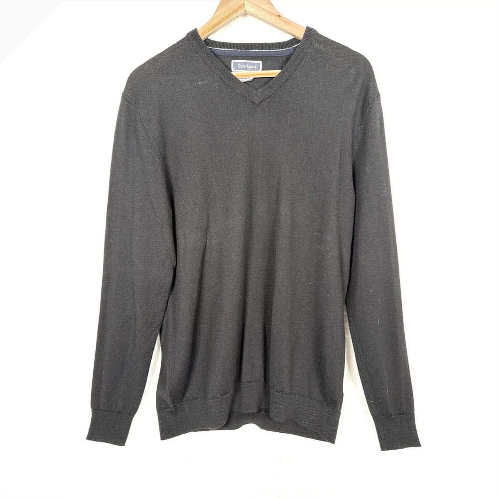 Club Room Sweater Mens Large Black V-Neck Merino Wool Blend Long Sleeve A-977